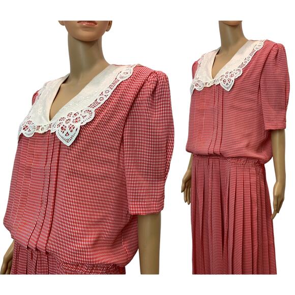 80s 90s Red & White Gingham Midi Dress | Pleated Skirt | Irish Linen Collar - Picture 4 of 10